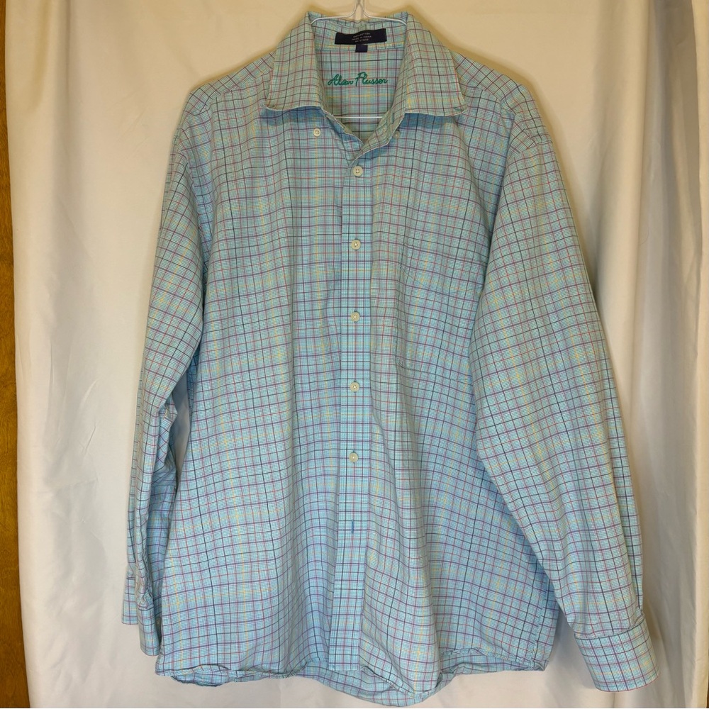 Alan‎ Flusser Cotton Large Light Blue Multicolored Checkered Men's Shirt